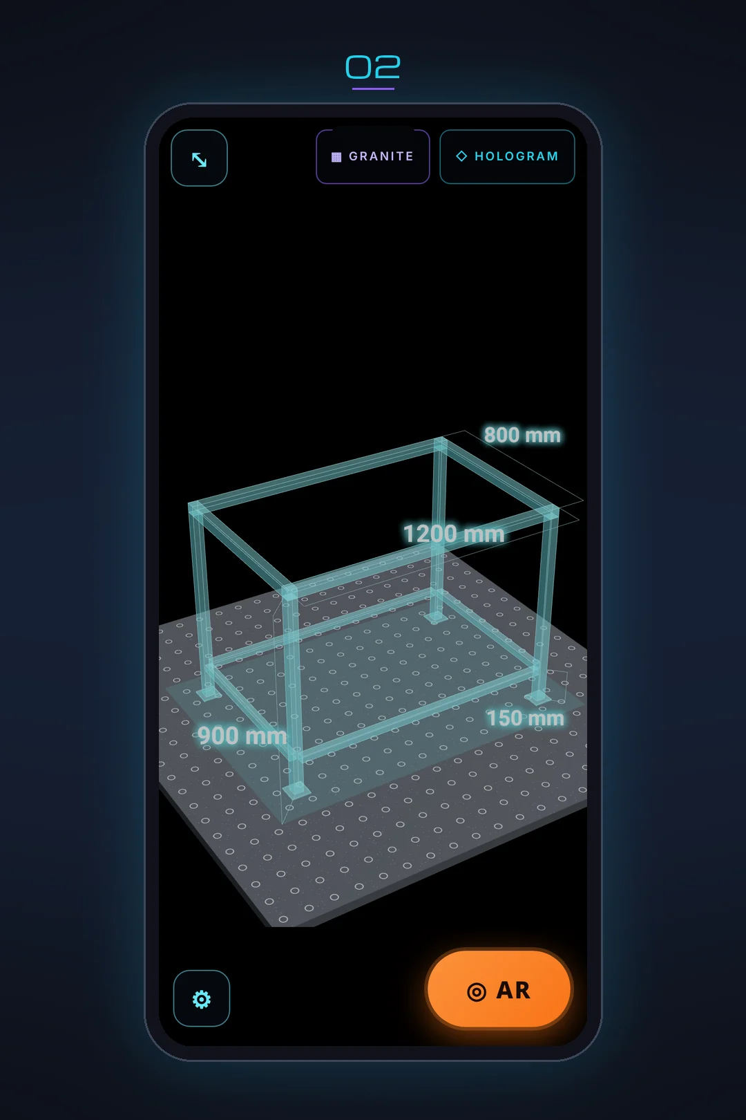 Ekran aplikacji: hologram 3D ramy z wymiarami na stole spawalniczym